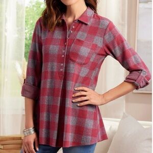 Soft Surroundings Red Gray Plaid Women's Tunic Top Cottagecore Country